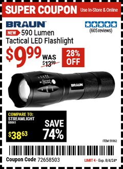 Harbor Freight Coupon BRAUN 590 LUMEN TACTICAL LED FLASHLIGHT Lot No. 59362 Expired: 8/4/24 - $9.99