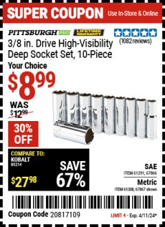 Harbor Freight Coupon 3/8" DRIVE HIGH VISIBILITY DEEP SOCKET SET 10 PIECE Lot No. 61291 Expired: 4/11/24 - $8.99
