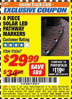 Harbor Freight ITC Coupon 4 PIECE SOLAR LED PATHWAY MARKERS Lot No. 92067 Expired: 7/31/18 - $29.99