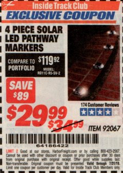 Harbor Freight ITC Coupon 4 PIECE SOLAR LED PATHWAY MARKERS Lot No. 92067 Expired: 7/31/19 - $29.99