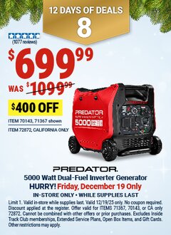 Harbor Freight Coupon PREDATOR 5000 WATT DUAL-FUEL SUPER QUIET INVERTER GENERATOR WITH REMOTE START AND CO SECURE TECHNOLOGY, 49-STATE COMPLIANT Lot No. 71367/70143/72872 Expired: 12/19/25 - $699.99