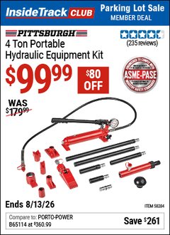 Harbor Freight ITC Coupon PITTSBURGH 4 TON PORTABLE HYDRAULIC EQUIPMENT KIT Lot No. 58204 Valid Thru: 8/13/26 - $99.99