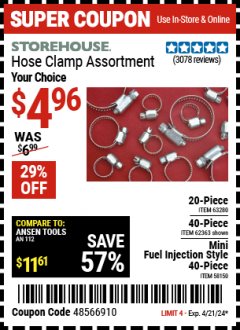 Harbor Freight Coupon HOSE CLAMP (20-PIECE OR 40-PIECE OR MINI FUEL-INJECTION STYLE 40-PIECE) Lot No. 63280,62363,58150 Expired: 4/21/24 - $4.96