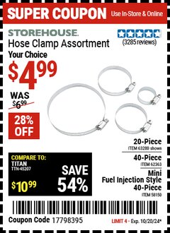 Harbor Freight Coupon HOSE CLAMP (20-PIECE OR 40-PIECE OR MINI FUEL-INJECTION STYLE 40-PIECE) Lot No. 63280/62363/58150 Expired: 10/20/24 - $4.99