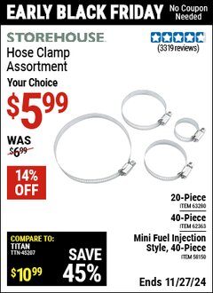 Harbor Freight Coupon HOSE CLAMP (20-PIECE OR 40-PIECE OR MINI FUEL-INJECTION STYLE 40-PIECE) Lot No. 63280/62363/58150 Expired: 11/27/24 - $5.99