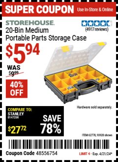 Harbor Freight Coupon STOREHOUSE 20-BIN MEDIUM PORTABLE PARTS STORAGE CASE Lot No. 62778/93928 Expired: 4/21/24 - $5.94