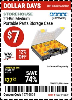 Harbor Freight Coupon STOREHOUSE 20-BIN MEDIUM PORTABLE PARTS STORAGE CASE Lot No. 62778/93928 Expired: 9/18/24 - $7