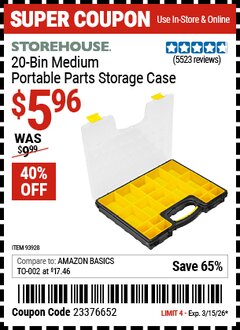Harbor Freight Coupon STOREHOUSE 20-BIN MEDIUM PORTABLE PARTS STORAGE CASE Lot No. 62778/93928 Expired: 3/15/26 - $5.96