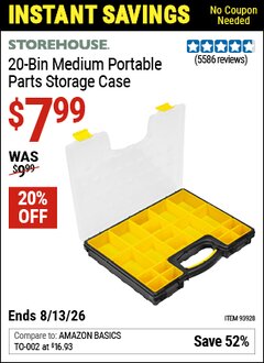 Harbor Freight Coupon STOREHOUSE 20-BIN MEDIUM PORTABLE PARTS STORAGE CASE Lot No. 62778/93928 Valid Thru: 8/13/26 - $7.99