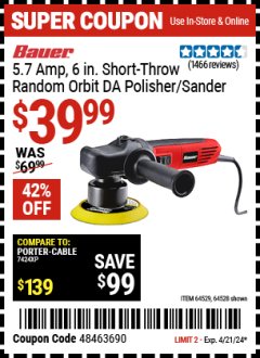 Harbor Freight Coupon BAUER 5.7 AMP, 6 IN. SHORT-THROW RANDOM ORBIT DA POLISHER/SANDER Lot No. 64529/64528 Expired: 4/21/24 - $39.99