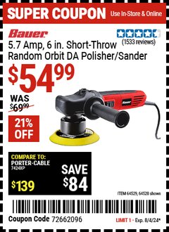 Harbor Freight Coupon BAUER 5.7 AMP, 6 IN. SHORT-THROW RANDOM ORBIT DA POLISHER/SANDER Lot No. 64529/64528 Expired: 8/4/24 - $54.99