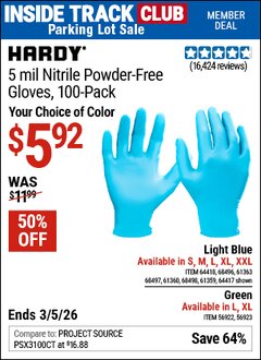 Harbor Freight ITC Coupon HARDY 5 MIL NITRILE POWDER-FREE GLOVES, 100-PACK, LARGE, GREEN Lot No. 56922/56923/64417/64418/68496/61363/68497/61360/68498/61359 Expired: 3/5/26 - $5.92