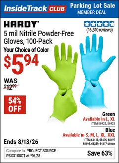 Harbor Freight ITC Coupon HARDY 5 MIL NITRILE POWDER-FREE GLOVES, 100-PACK Lot No. 56922/56922/64417/64418/68496/61363/68497/61360/68498/61359 Valid Thru: 8/13/26 - $5.94
