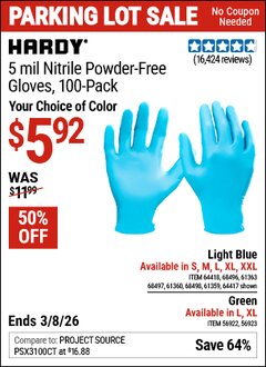 Harbor Freight Coupon HARDY 5 MIL NITRILE POWDER-FREE GLOVES, 100-PACK, LARGE, GREEN Lot No. 56922/56923/64417/64418/68496/61363/68497/61360/68498/61359 Expired: 3/8/26 - $5.92