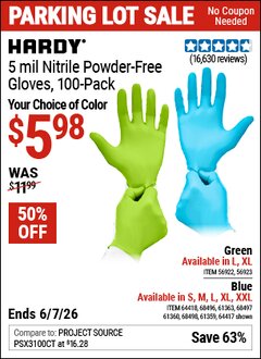 Harbor Freight Coupon HARDY 5 MIL NITRILE POWDER-FREE GLOVES, 100-PACK, GREEN Lot No. 56922/56923 Expired: 6/7/26 - $5.98