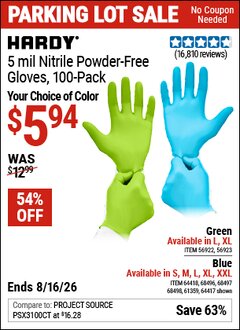 Harbor Freight Coupon HARDY 5 MIL NITRILE POWDER-FREE GLOVES, 100-PACK Lot No. 56922/56922/64417/64418/68496/61363/68497/61360/68498/61359 EXPIRES: 8/16/26 - $5.94