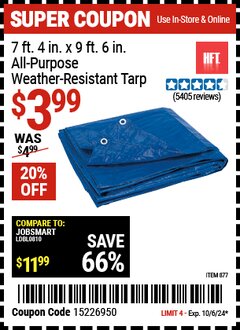 Harbor Freight Coupon 7 FT. 4 IN. X 9 FT. 6 IN. ALL-PURPOSE WEATHER-RESISTANT TARP Lot No. 877 Expired: 10/5/24 - $3.99