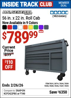 Harbor Freight Coupon U.S. GENERAL 56 IN. X 22 IN. ROLL CAB, SERIES 3 Lot No. 58714/70341/70344/70345/70346/70383/70384/70385 Valid: 12/31/69 - 2/26/26 - $789.99