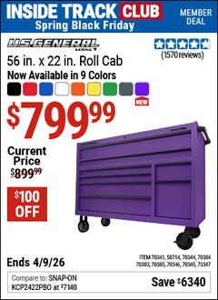 Harbor Freight Coupon U.S. GENERAL 56 IN. X 22 IN. ROLL CAB, SERIES 3 Lot No. 58714/70341/70344/70345/70346/70383/70384/70385 Valid: 12/31/69 - 4/9/26 - $799.99