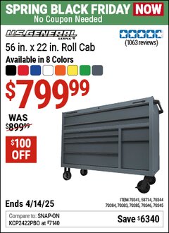Harbor Freight Coupon U.S. GENERAL 56 IN. X 22 IN. ROLL CAB, SERIES 3 Lot No. 58714/70341/70344/70345/70346/70383/70384/70385 Expired: 4/14/25 - $799.99