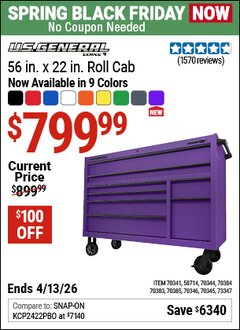 Harbor Freight Coupon U.S. GENERAL 56 IN. X 22 IN. ROLL CAB, SERIES 3 Lot No. 58714/70341/70344/70345/70346/70383/70384/70385 Expired: 4/12/26 - $799.99