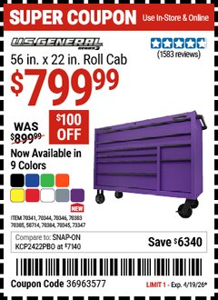 Harbor Freight Coupon U.S. GENERAL 56 IN. X 22 IN. ROLL CAB, SERIES 3 Lot No. 58714/70341/70344/70345/70346/70383/70384/70385 Valid Thru: 4/19/26 - $799.99