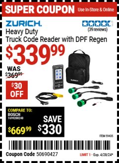 Harbor Freight Coupon ZURICH HEAVY DUTY TRUCK CODE READER WITH DPF REGEN Lot No. 59435 Expired: 4/28/24 - $339.99