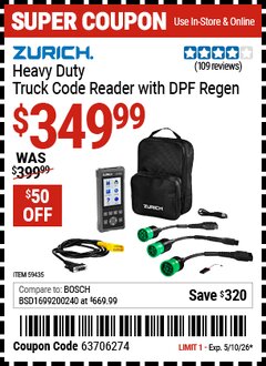 Harbor Freight Coupon ZURICH HEAVY DUTY TRUCK CODE READER WITH DPF REGEN Lot No. 59435 Expired: 5/10/26 - $349.99