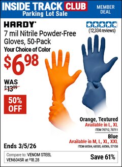 Harbor Freight ITC Coupon HARDY 7 MIL NITRILE POWDER-FREE GLOVES, 50-PACK Lot No. 68506/68504/57158/68505 Expired: 3/5/26 - $6.98