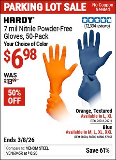 Harbor Freight Coupon HARDY 7 MIL NITRILE POWDER-FREE GLOVES, 50-PACK Lot No. 68506/68504/57158/68505 Expired: 3/8/26 - $6.98