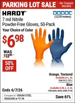 Harbor Freight Coupon HARDY 7 MIL NITRILE POWDER-FREE GLOVES, 50-PACK Lot No. 68506/68504/57158/68505 EXPIRES: 6/7/26 - $6.98