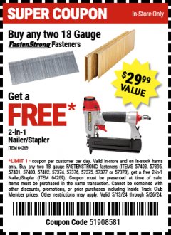 Harbor Freight FREE Coupon CENTRAL PNEUMATIC 18 GAUGE, 2-IN-1 AIR NAILER/STAPLER Lot No. 64269 Expired: 5/26/24 - FWP