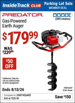 Harbor Freight Coupon PREDATOR GAS-POWERED EARTH AUGER Lot No. 63022/56257/57341 Valid: 12/31/69 - 8/13/26 - $179.99