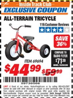 Harbor Freight ITC Coupon ALL-TERRAIN TRICYCLE Lot No. 60652/69694 Expired: 12/31/18 - $44.99