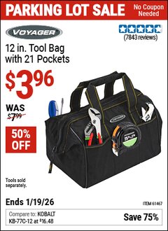 Harbor Freight Coupon VOYAGER 12 IN. TOOL BAG WITH 21 POCKETS Lot No. 61467 Expired: 12/31/69 - $3.96