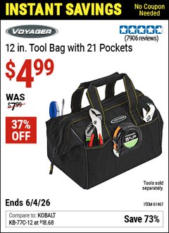 Harbor Freight Coupon VOYAGER 12 IN. TOOL BAG WITH 21 POCKETS Lot No. 61467 Valid Thru: 6/4/26 - $4.99