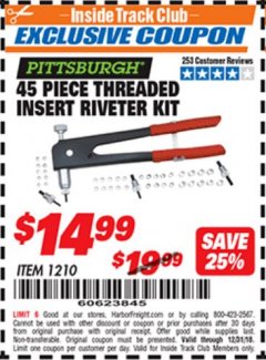 Harbor Freight ITC Coupon FASTEN-PRO THREADED INSERT RIVETER KIT Lot No. 1210 Expired: 12/31/18 - $14.99
