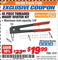 Harbor Freight ITC Coupon FASTEN-PRO THREADED INSERT RIVETER KIT Lot No. 1210 Expired: 3/31/20 - $19.99