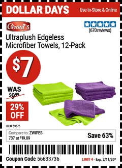 Harbor Freight Coupon GRANT'S ULTRAPLUSH EDGELESS MICROFIBER TOWELS, 12-PACK Lot No. 59675 Expired: 2/11/26 - $7
