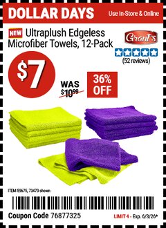 Harbor Freight Coupon GRANT'S ULTRAPLUSH EDGELESS MICROFIBER TOWELS, 12-PACK Lot No. 59675 Valid Thru: 6/3/26 - $7