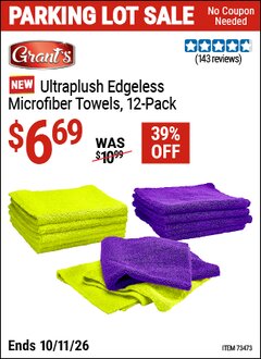 Harbor Freight Coupon GRANT'S ULTRAPLUSH EDGELESS MICROFIBER TOWELS, 12-PACK Lot No. 59675 Expired: 10/11/26 - $6.69
