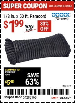 Harbor Freight Coupon 1/8 IN. X 50 FT. PARACORD Lot No. 56740 Expired: 6/6/24 - $1.99