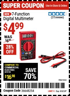 Harbor Freight Coupon 7-FUNCTION DIGITAL MULTIMETER Lot No. 59434 Expired: 6/6/24 - $4.99
