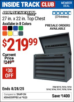Harbor Freight ITC Coupon U.S. GENERAL 27 IN. X 22 IN. TOP CHEST, SERIES 3 Lot No. 70743/70744/70745/70746/70747/58715/70750/70748 Expired: 8/28/25 - $219.99