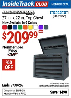 Harbor Freight ITC Coupon U.S. GENERAL 27 IN. X 22 IN. TOP CHEST, SERIES 3 Lot No. 70743/70744/70745/70746/70747/58715/70750/70748 Valid Thru: 7/30/26 - $209.99