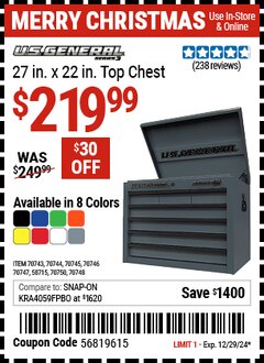 Harbor Freight Coupon U.S. GENERAL 27 IN. X 22 IN. TOP CHEST, SERIES 3 Lot No. 70743/70744/70745/70746/70747/58715/70750/70748 Expired: 12/29/24 - $219.99