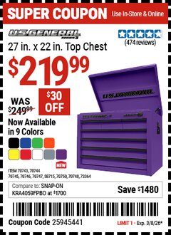 Harbor Freight Coupon U.S. GENERAL 27 IN. X 22 IN. TOP CHEST, SERIES 3 Lot No. 70743/70744/70745/70746/70747/58715/70750/70748 Valid Thru: 3/8/26 - $219.99