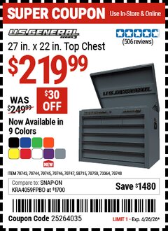 Harbor Freight Coupon U.S. GENERAL 27 IN. X 22 IN. TOP CHEST, SERIES 3 Lot No. 70743/70744/70745/70746/70747/58715/70750/70748 Valid Thru: 4/26/26 - $219.99
