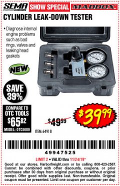 Harbor Freight Coupon CYLINDER LEAK-DOWN TESTER Lot No. 94190 Expired: 11/24/19 - $39.99