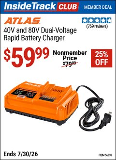 Harbor Freight ITC Coupon ATLAS 40V AND 80V DUAL-VOLTAGE RAPID BATTERY CHARGER Lot No. 56997 Valid Thru: 7/30/26 - $59.99